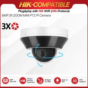 6MP 3X Zoom PTZ Security Camera Human & Vehicle Detection Built-in Mic Video Surveillance IP Camera Hikvision Compatible