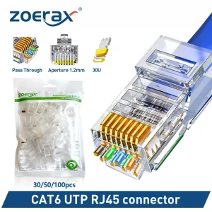 ZoeRax CAT6a Cat6 CAT5e Pass Through RJ45 Modular Plug Network Connectors UTP 30μ Gold-Plated 1.2mm Hole End for Ethernet Cable