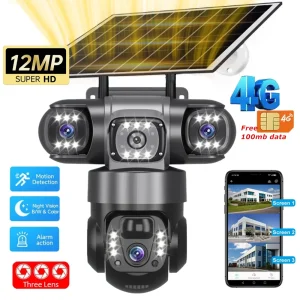 V380 Pro 12MP 10X Zoom Triple Lens 4G Solar Camera Outdoor Three Screen PIR Motion Detection Security Surveillance CCTV